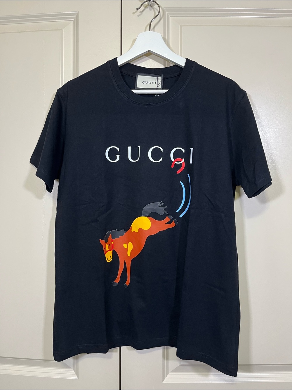 Gucci Black Short Sleeve Tee with Colorful Horse Graphic